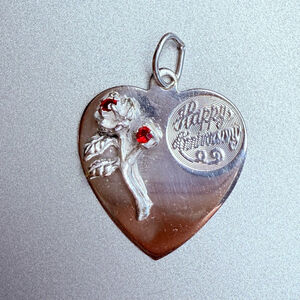 Sterling Silver 925 Happy Anniversary Simulated Ruby Heart Charm Pendant